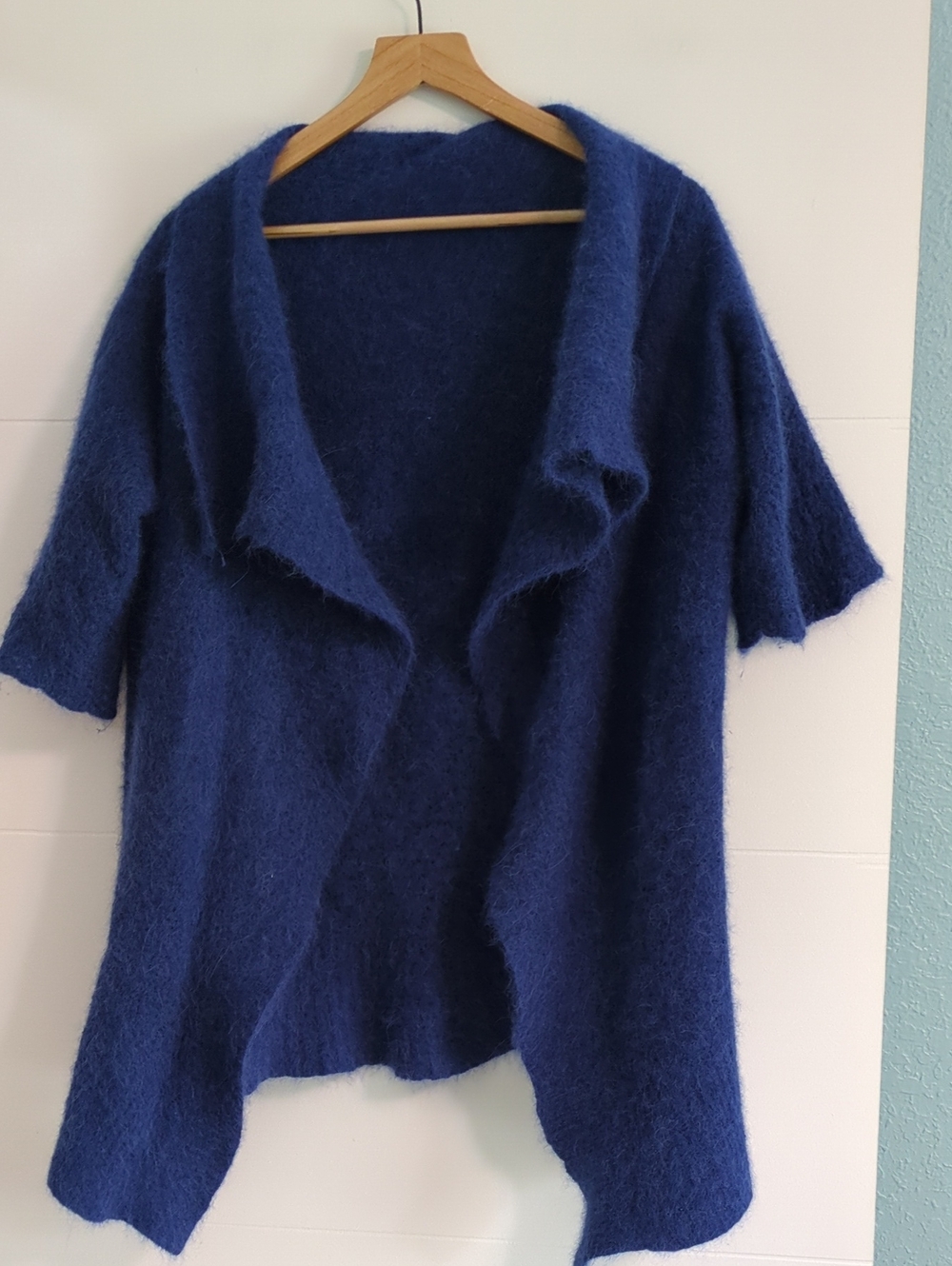 Merino Wool Toyal Blue Open-Front Fuzzy Knit Women's Sweater Cardigan Sz M/l